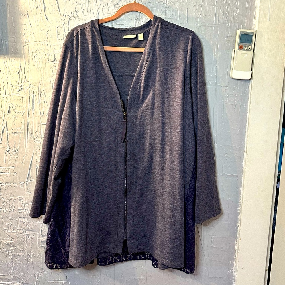 Logo lounge grey swing zip upsweater with lace detail on back 3x